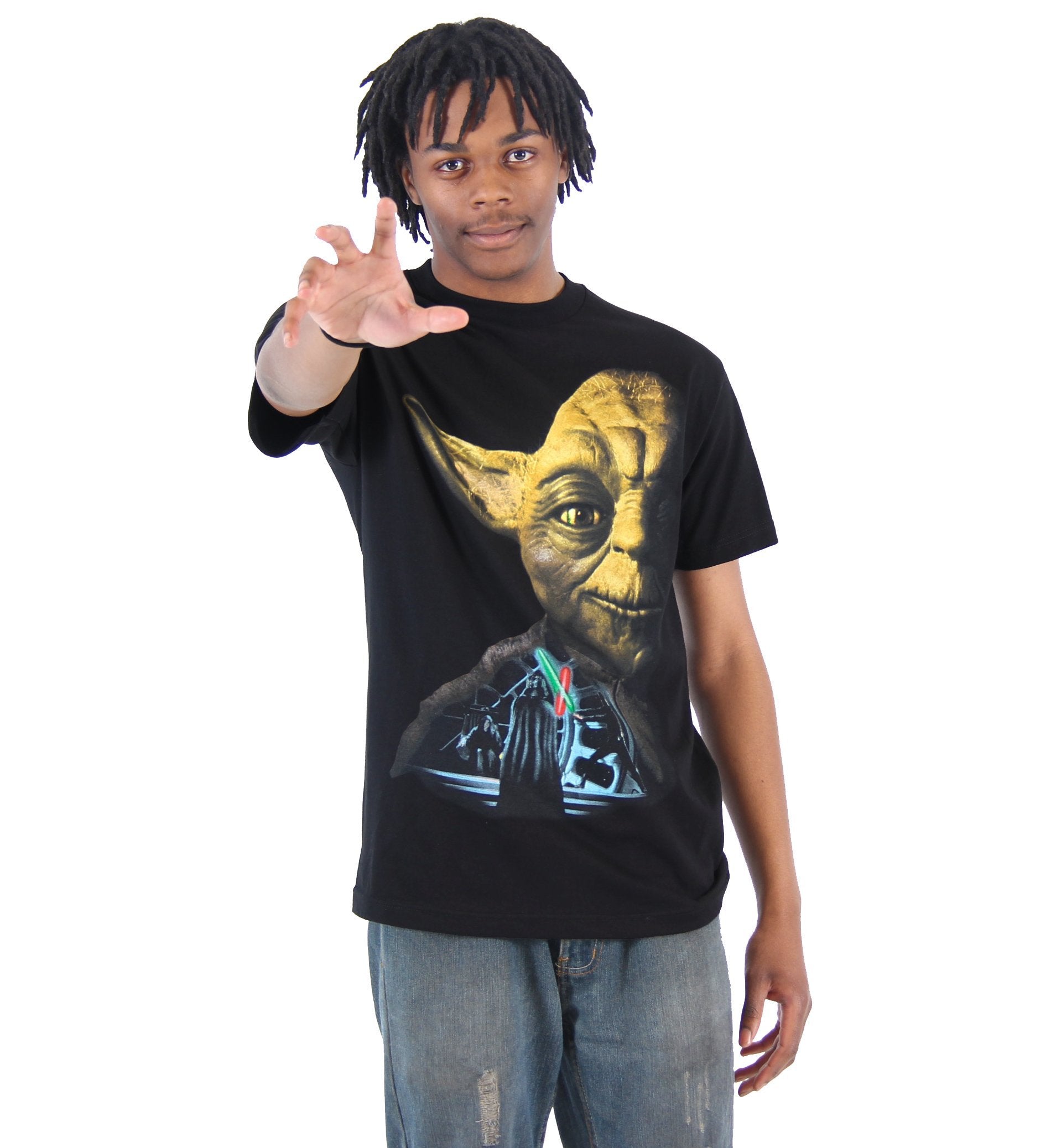 Star Wars Mens T-Shirt - Giant Yoda Half Face Over Saber Battle Image