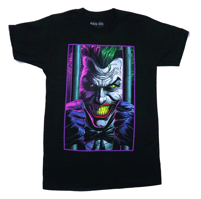 Batman Mens T-Shirt - Joker Painting Gripping Bars While Grinning - Inmyparentsbasement.com