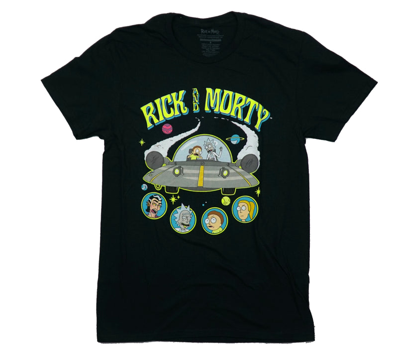 Rick and Morty  Mens T-Shirt - In Spaceship Above Blue Circle Characters