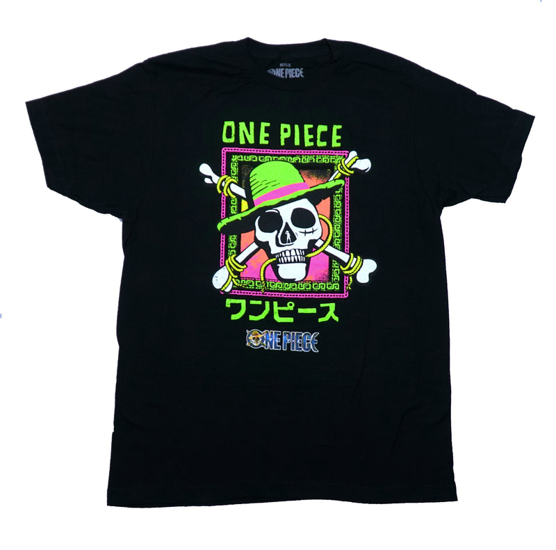 One Piece TV Mens T-Shirt - Fluorescent Skull with Hat Logo Above Kanji - Inmyparentsbasement.com