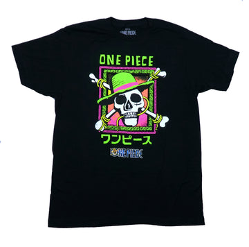 One Piece TV Mens T-Shirt - Fluorescent Skull with Hat Logo Above Kanji