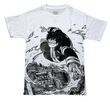 Fire Force Mens T-Shirt - Kusakabe  Leaping Over Town Black and White Print