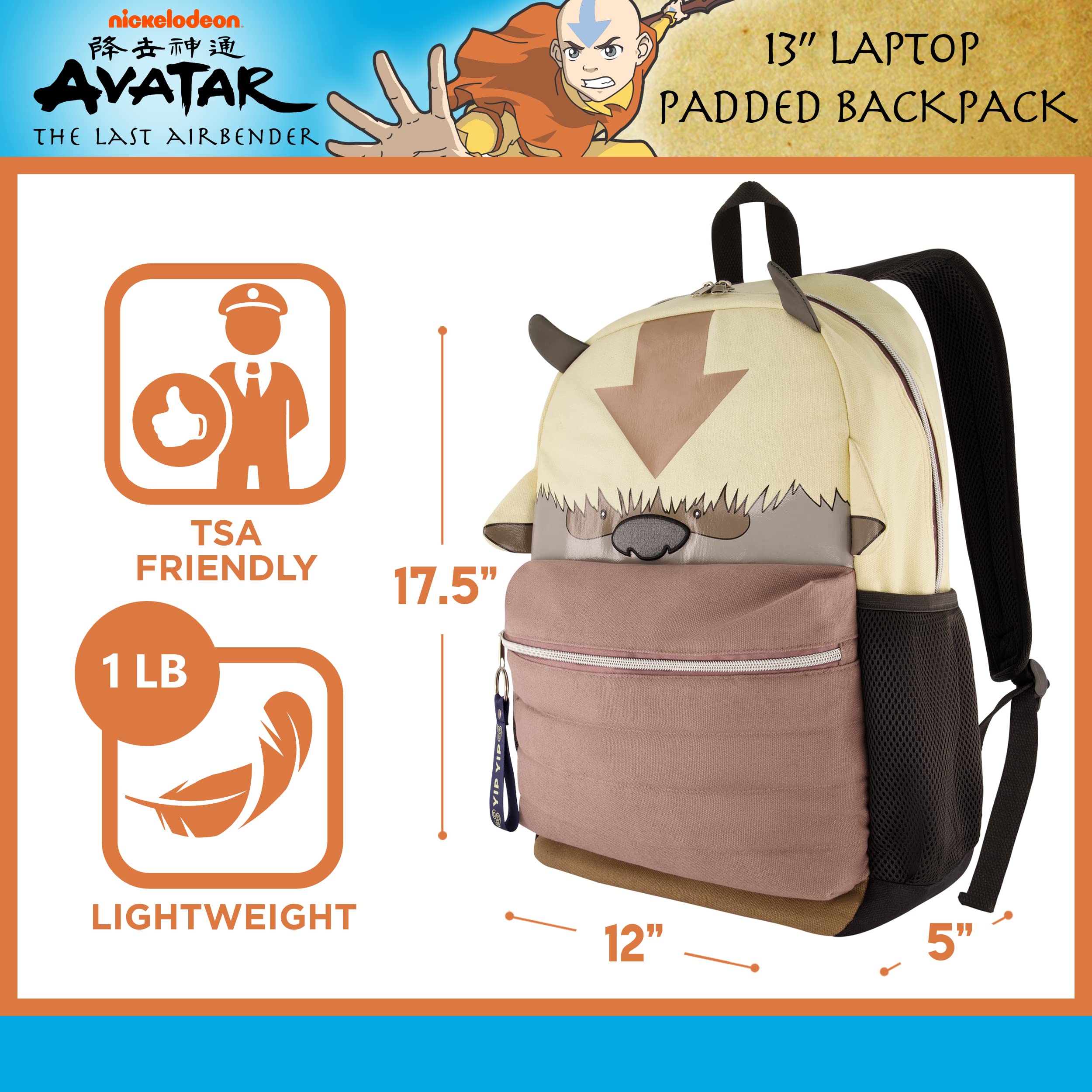 Avatar The Last Airbender 13 Inch Sleeve Laptop Backpack, Appa Yip Yip Padded Computer Bag for Commute or Travel, Multi, Brown