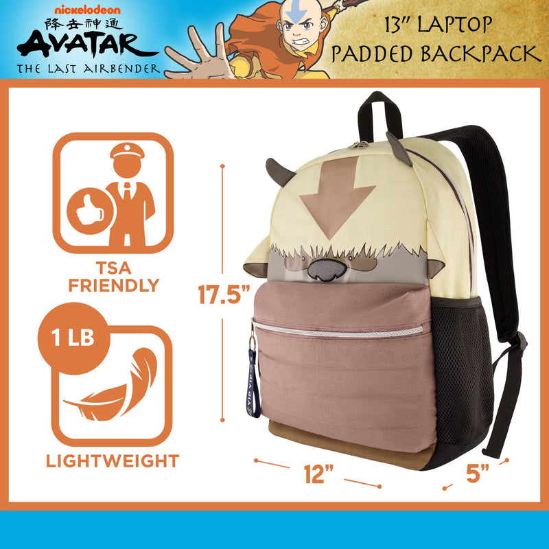 Avatar The Last Airbender 13 Inch Sleeve Laptop Backpack, Appa Yip Yip Padded Computer Bag for Commute or Travel, Multi, Brown