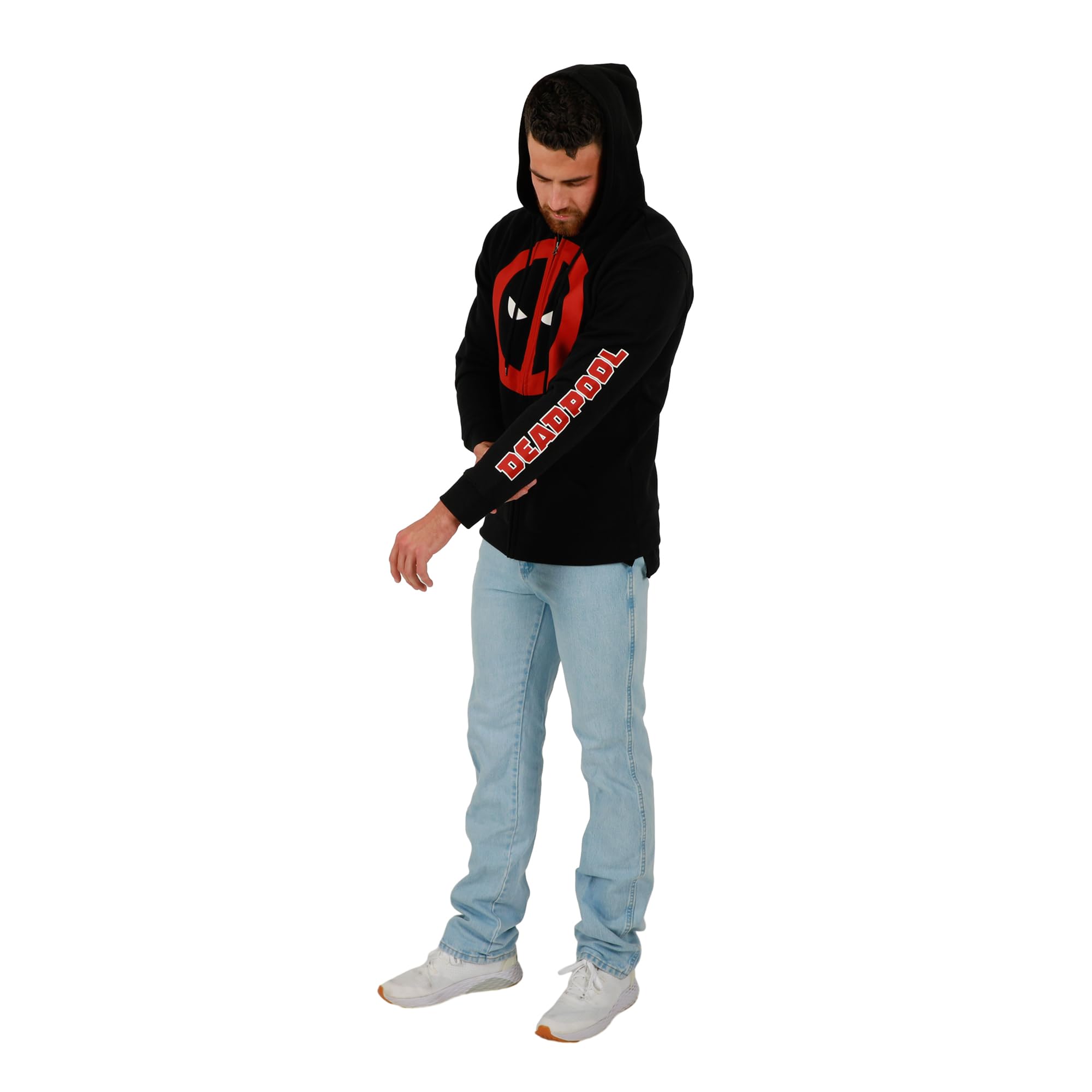 Bioworld Marvel Deadpool Mask Logo Long Sleeve Unisex Adult Zip-Up Hoodie-X-Large,Black