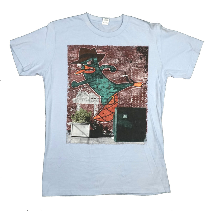 Phineas and Ferb Mens T-Shirt - Disney Brick Wall Running Mural