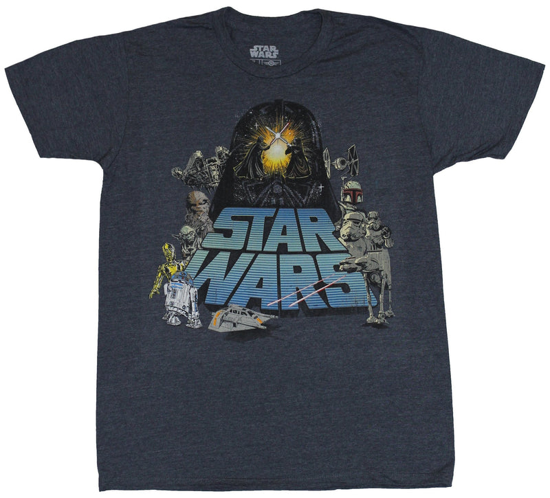 Star Wars Mens T-Shirt - Obi Wan Darth Vader Battle Atop Character Lined Logo