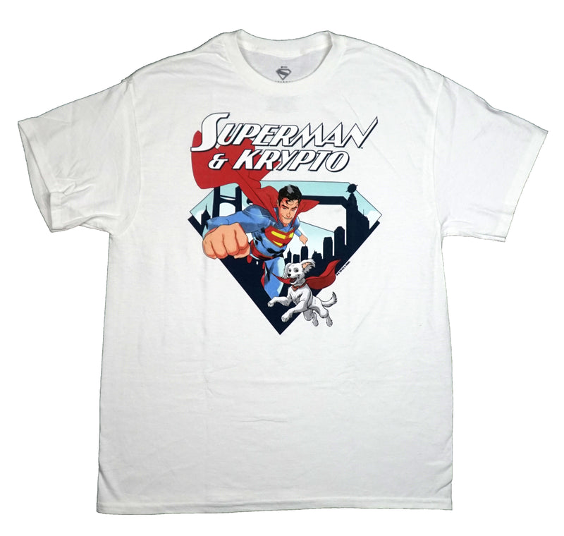 Superman Mens T-Shirt Flying Through City Logo Along With Krypto