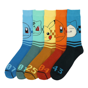 Pokemon Faces With Pokedex Numbers Men's 5-Pair Casual Crew Socks