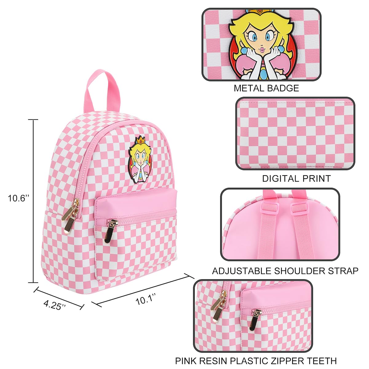 Super Mario Bros Princess Peach 10.6” Pink & White Checkered Mini Backpack