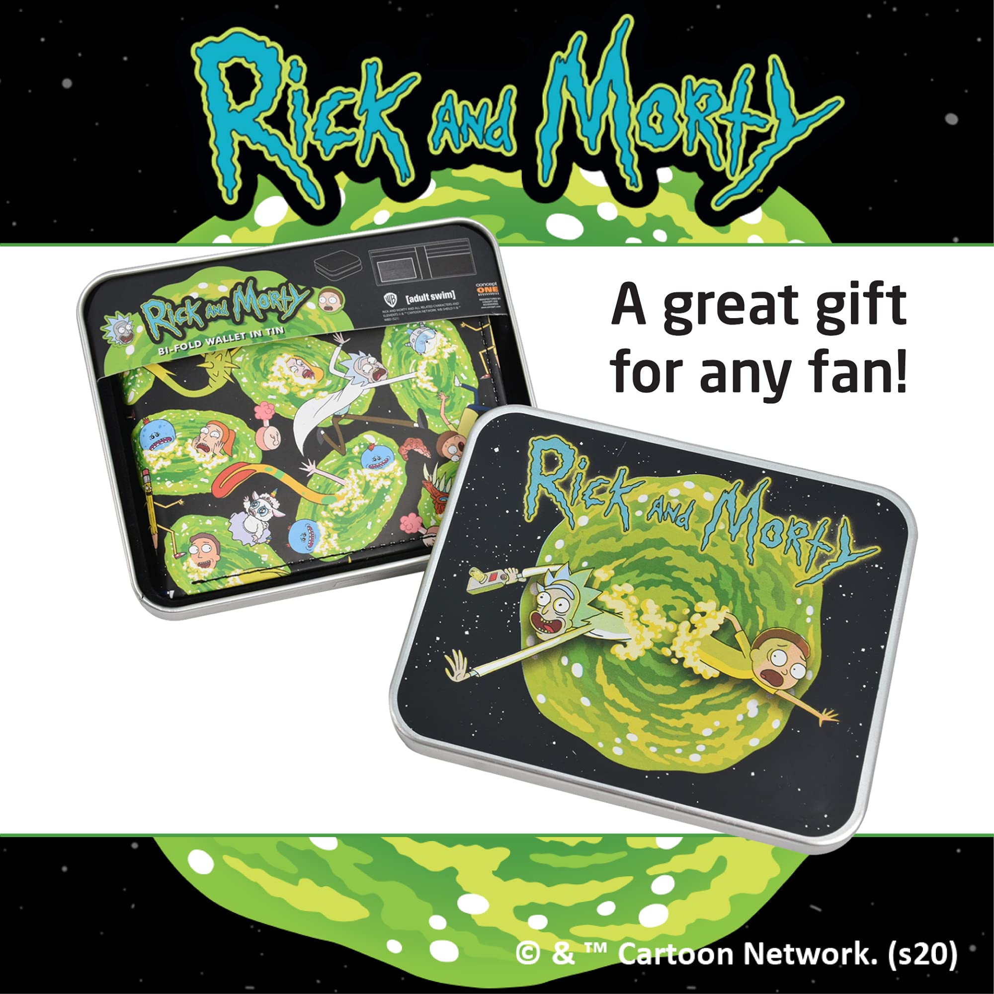 Adult Swim's Rick and Morty Bifold Wallet in a Decorative Tin Case, Multi