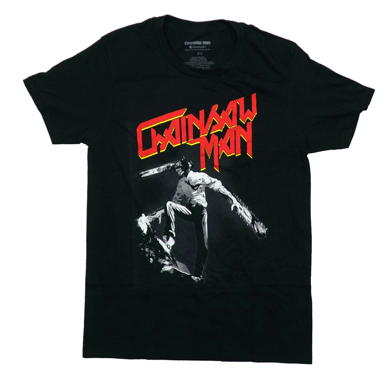 Chainsaw Man Mens T-Shirt - Grayscale With 3 Saws Under Red/Yellow Name
