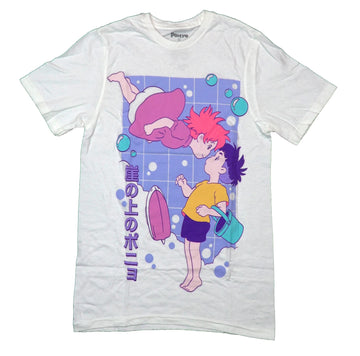 Ponyo Mens T-Shirt - Girl Floating In Bubbles Above Boy Holding Bucket