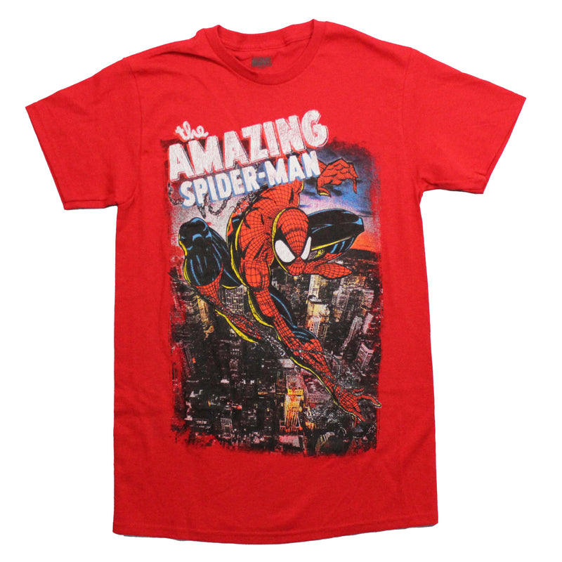 Spider-Man Mens T-Shirt - Flying Over Dark Distressed City Below Name