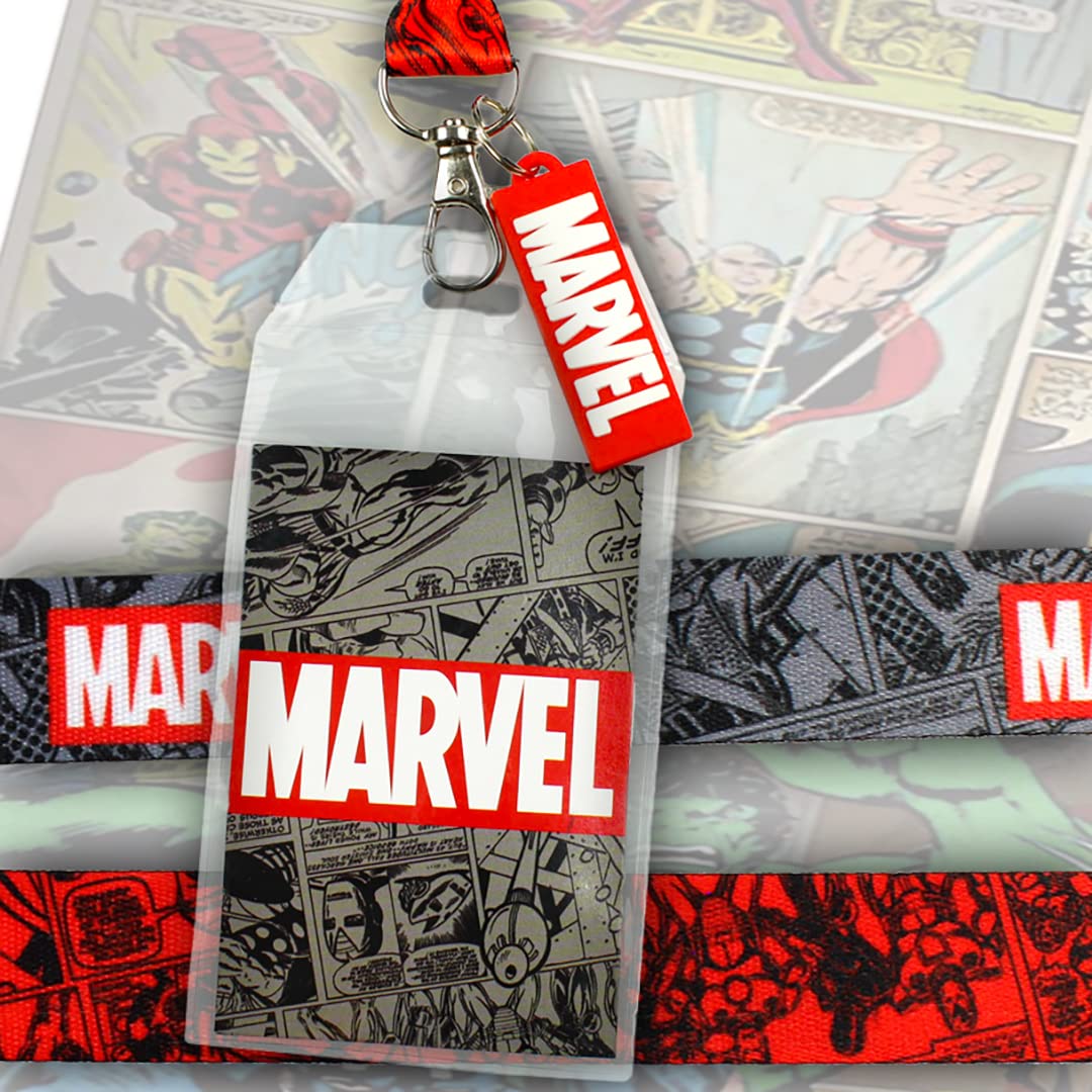 Marvel Lanyard ID Badge Holder, 2" Rubber Charm Pendant with Raised Script and 2 Sided Vintage Comic Strip Pattern