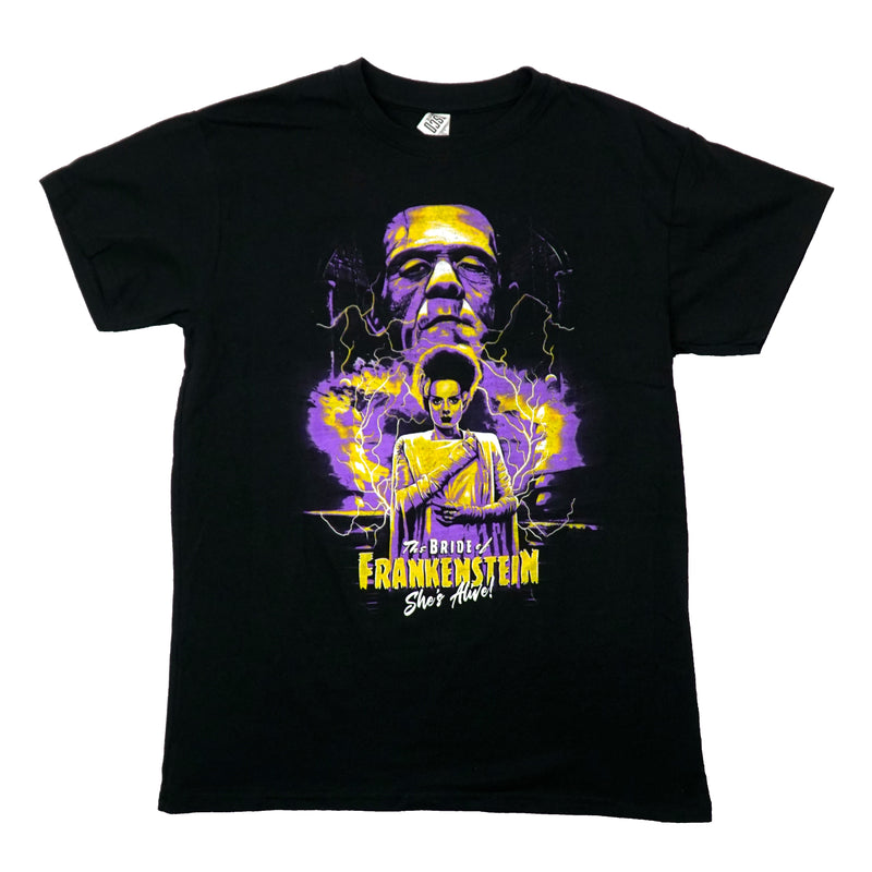 Bride of Frankenstein Mens T-Shirt -  She's Alive Below Frankenstein