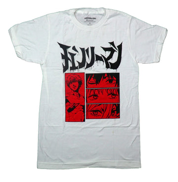 Chainsaw Man Mens T-Shirt - Red Panel Images Under Dripping Black Kanji