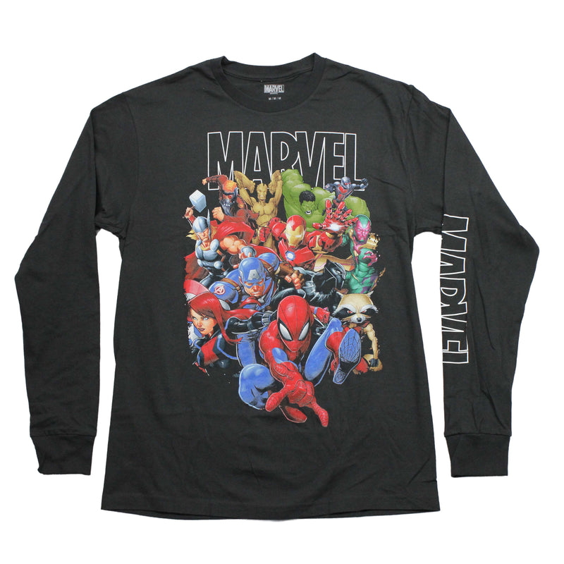 Marvel Mens Long Sleeve T-Shirt - Giant Cast Under White Outline Logo
