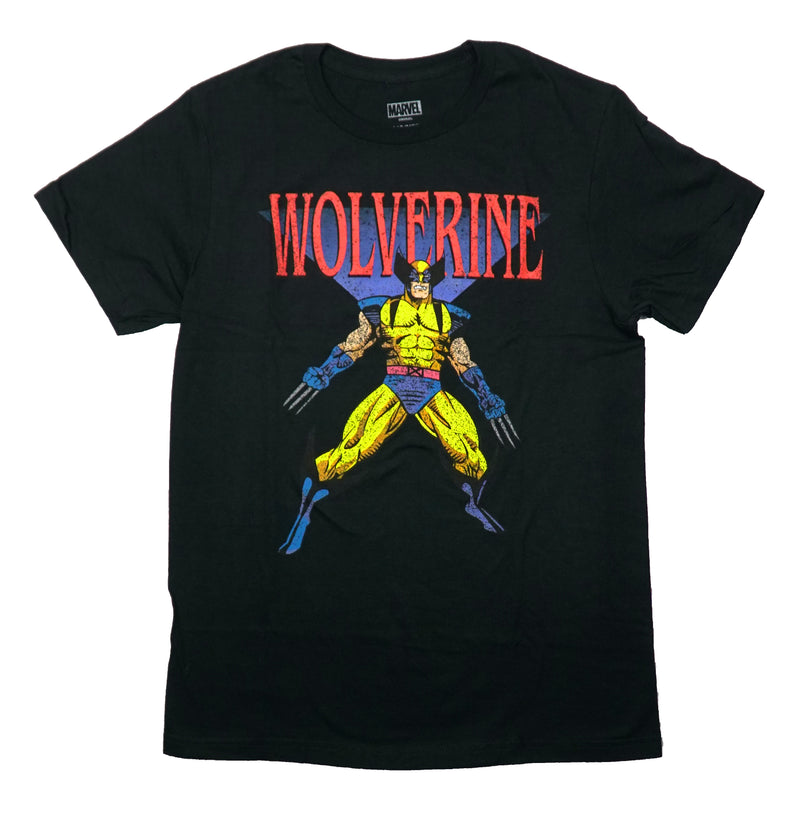 Wolverine Mens T-Shirt - Distressed Outstretched Pose Under Blue Triangle - Inmyparentsbasement.com