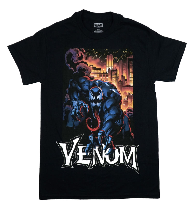 Venom Mens T-Shirt - Marvel All Blue Venom Tongue Out Before Burning City