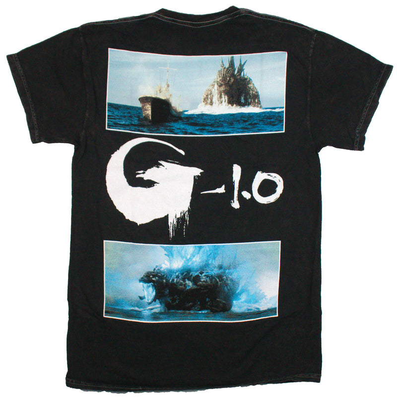 Godzilla Mens T-Shirt - Lapel G 1.0 Rising Out of Ocean on Back