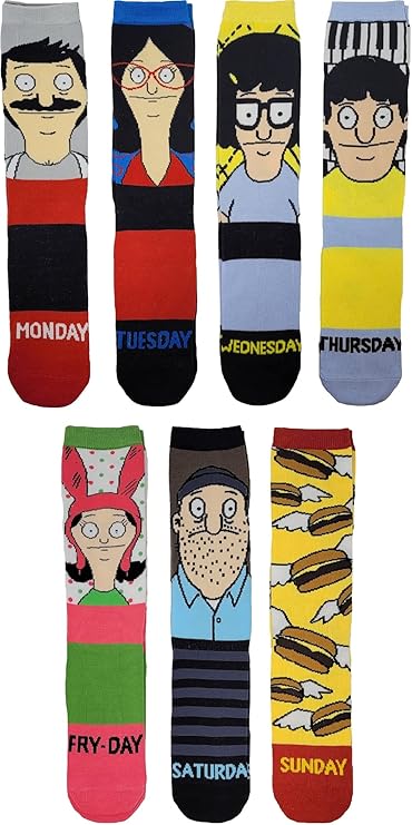 Ripple Junction Bob's Burgers 7 Days of the Week Characters Multi Pack Adult Crew Socks