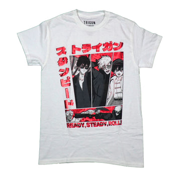 Trigun Mens T-Shirt - Red Foil Kanji Name Trio Over Ready, Steady, Roll!