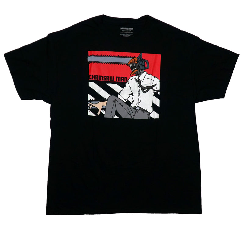 Chainsaw Man Mens T-Shirt - Denji Over Black and White Strips Besides Name