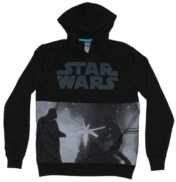 Star Wars Mens Hoodie- Word Logo Over Darth Vader Skywalker Saber Battle