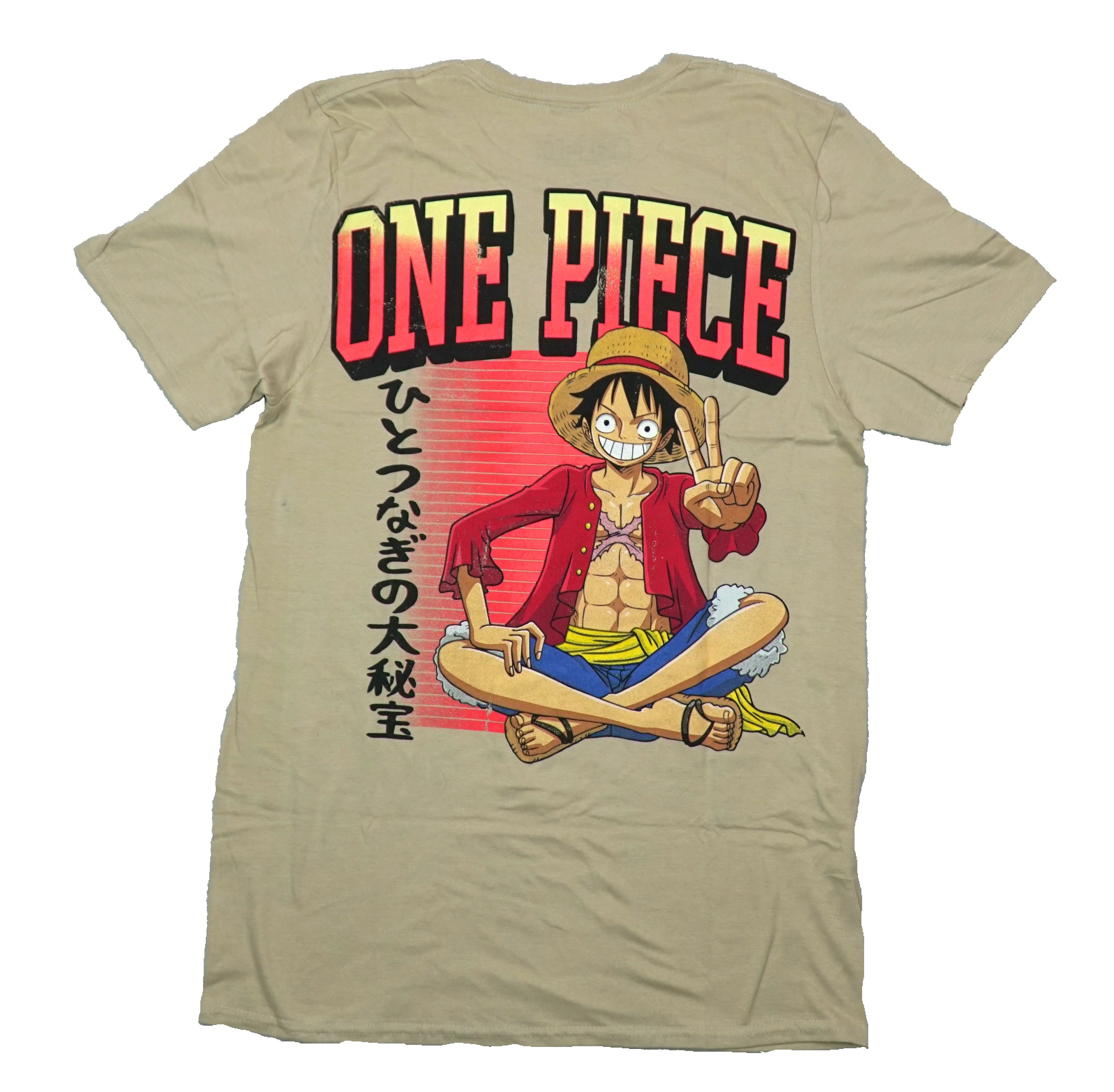 One Piece Mens T-Shirt - Kanji Logo Front Luffy Sitting Peace Sign Back