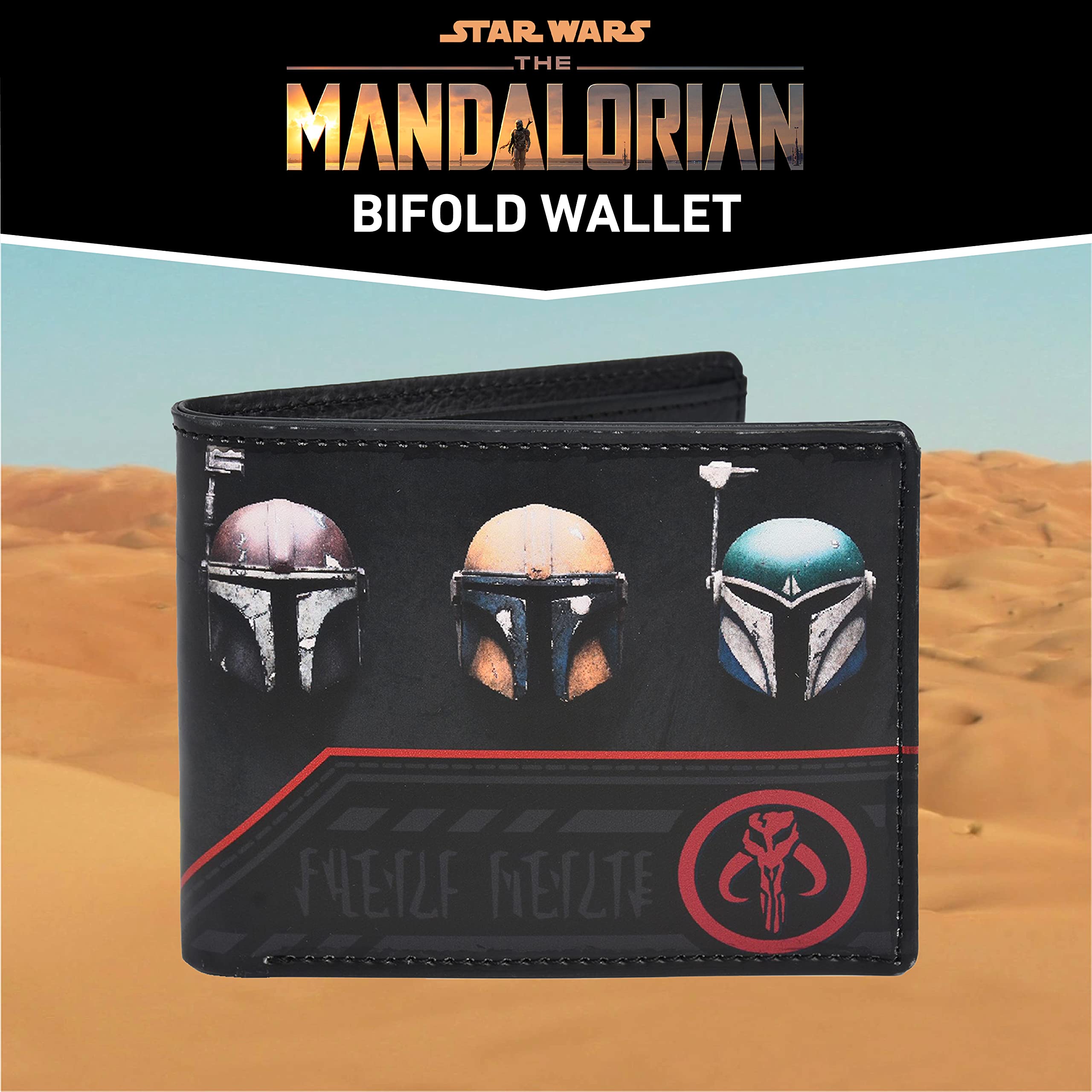 Star Wars The Mandalorian Wallet, Slim Bifold Wallet with Decorative Tin Case, Black and Red