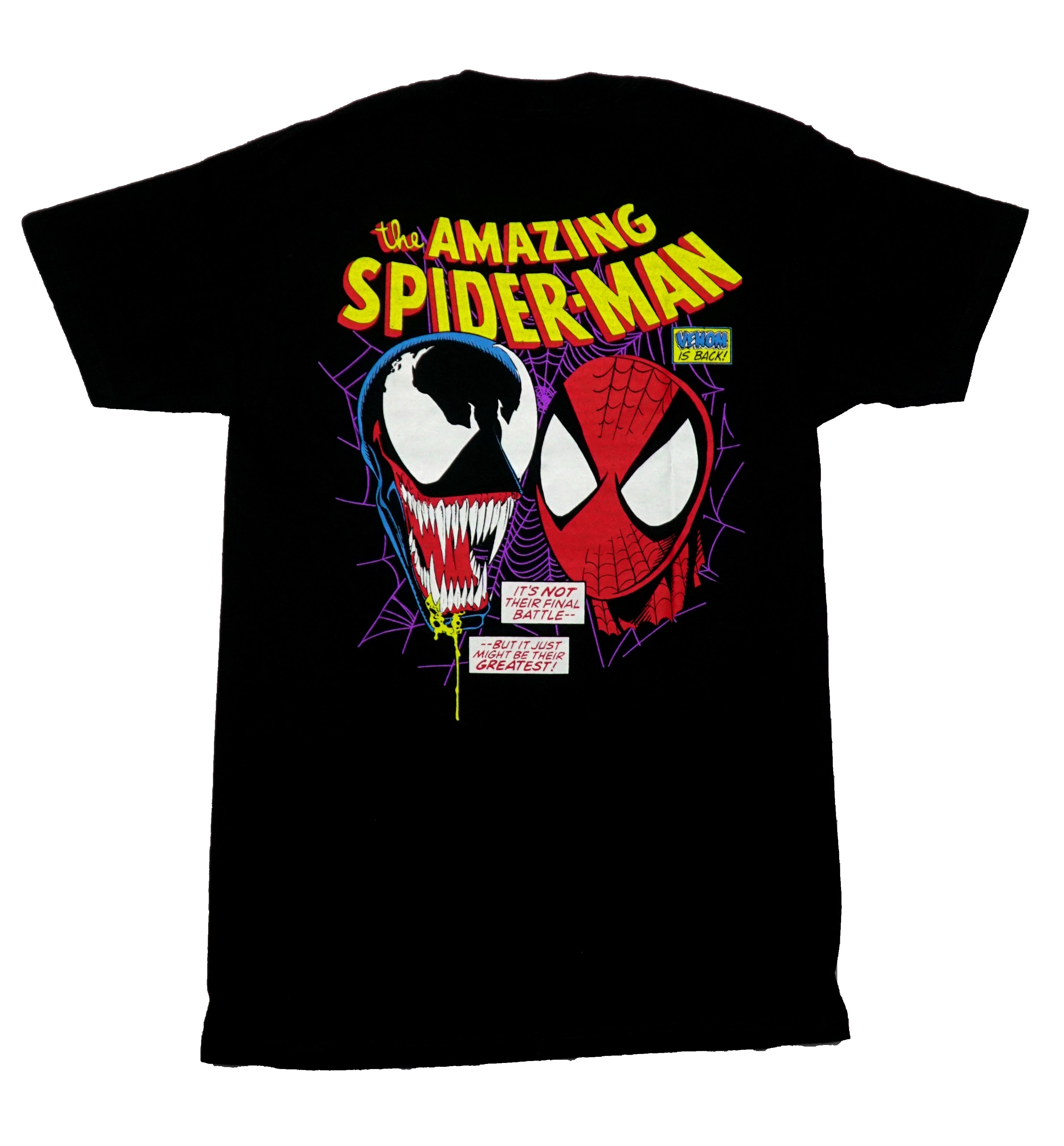 Spider-Man Mens T-Shirt - Lapel Flying Spider-Man Venom vs  Heads on Back