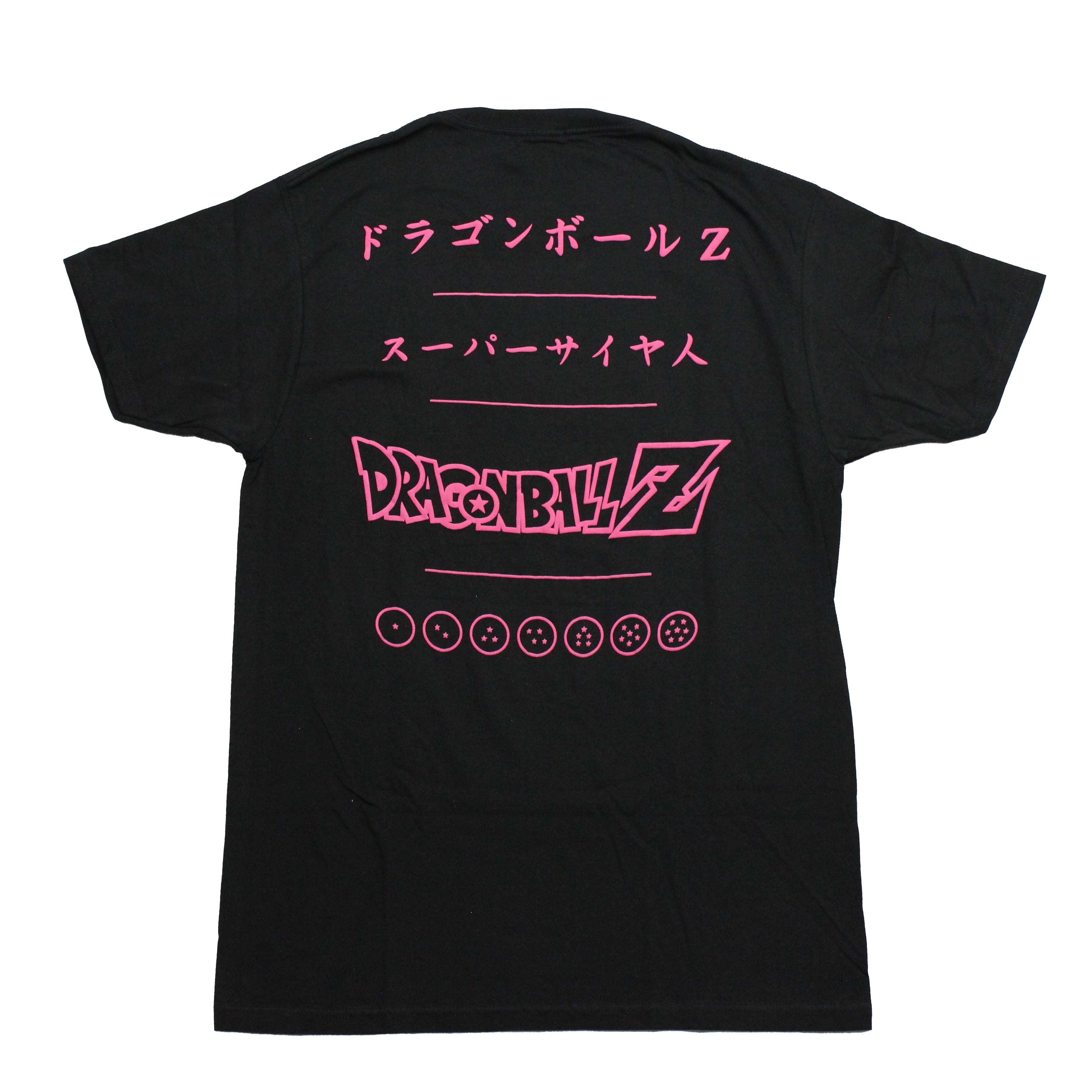 Dragon Ball Z Mens T-Shirt -Saiyans Chibi and Adult Cast Pink Logo on Back