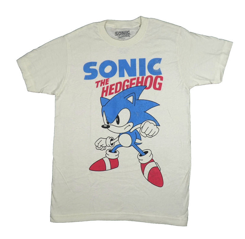 Sonic the Hedgehog Mens T-Shirt - Standiing Below Red & Blue Name