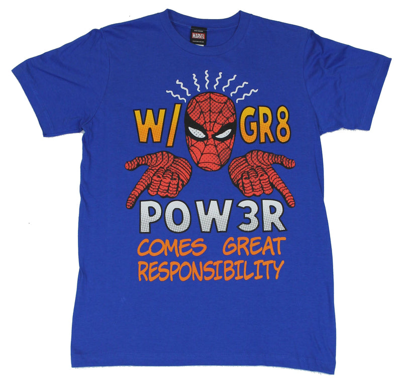 Spider-Man (Marvel Comics) Mens T-Shirt  - "W/ GR8 Pow3r" Spidey Face Image