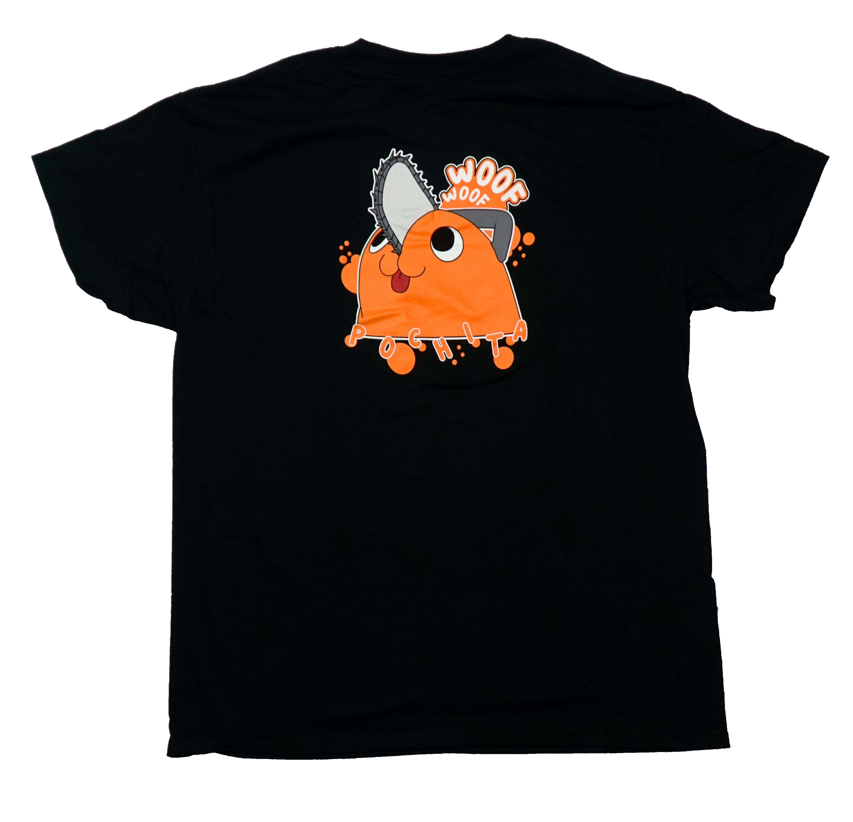 Chainsaw Man Mens T-Shirt -Pull String on Front Pochita Woof Woof on Back