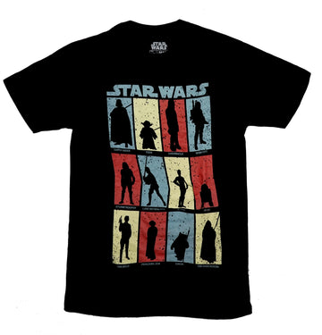 Star Wars Mens T-Shirt - Boxed Black Silohouette of Characters Listed