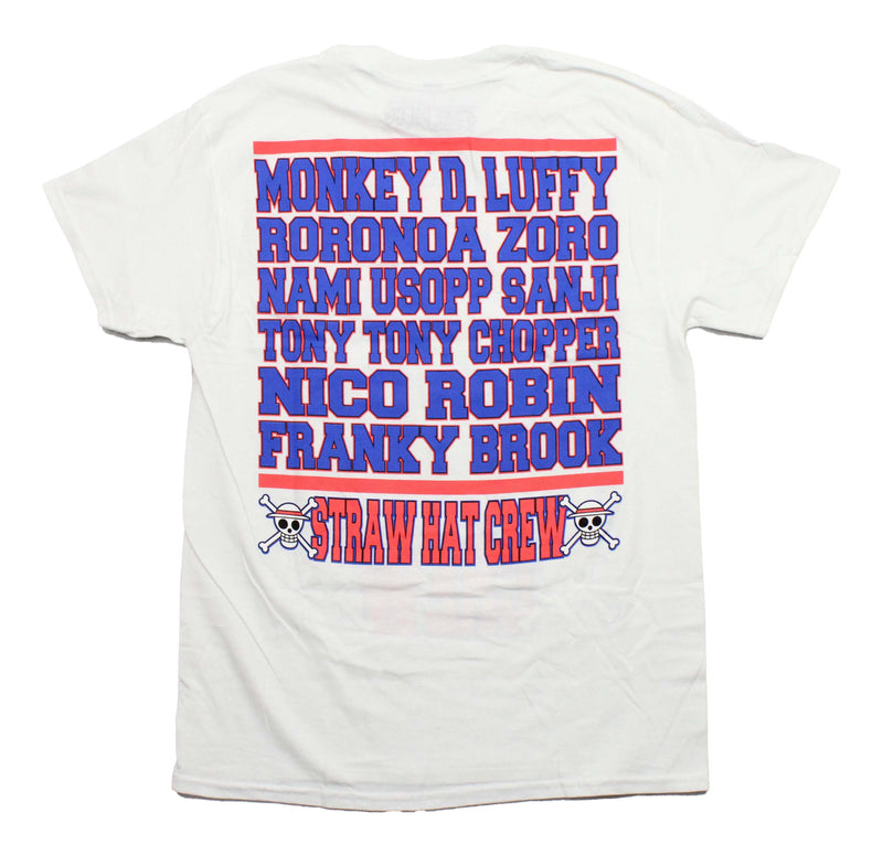 One Piece Mens T-Shirt - Straw Hat Crew Blue Outline Large Print Names Back
