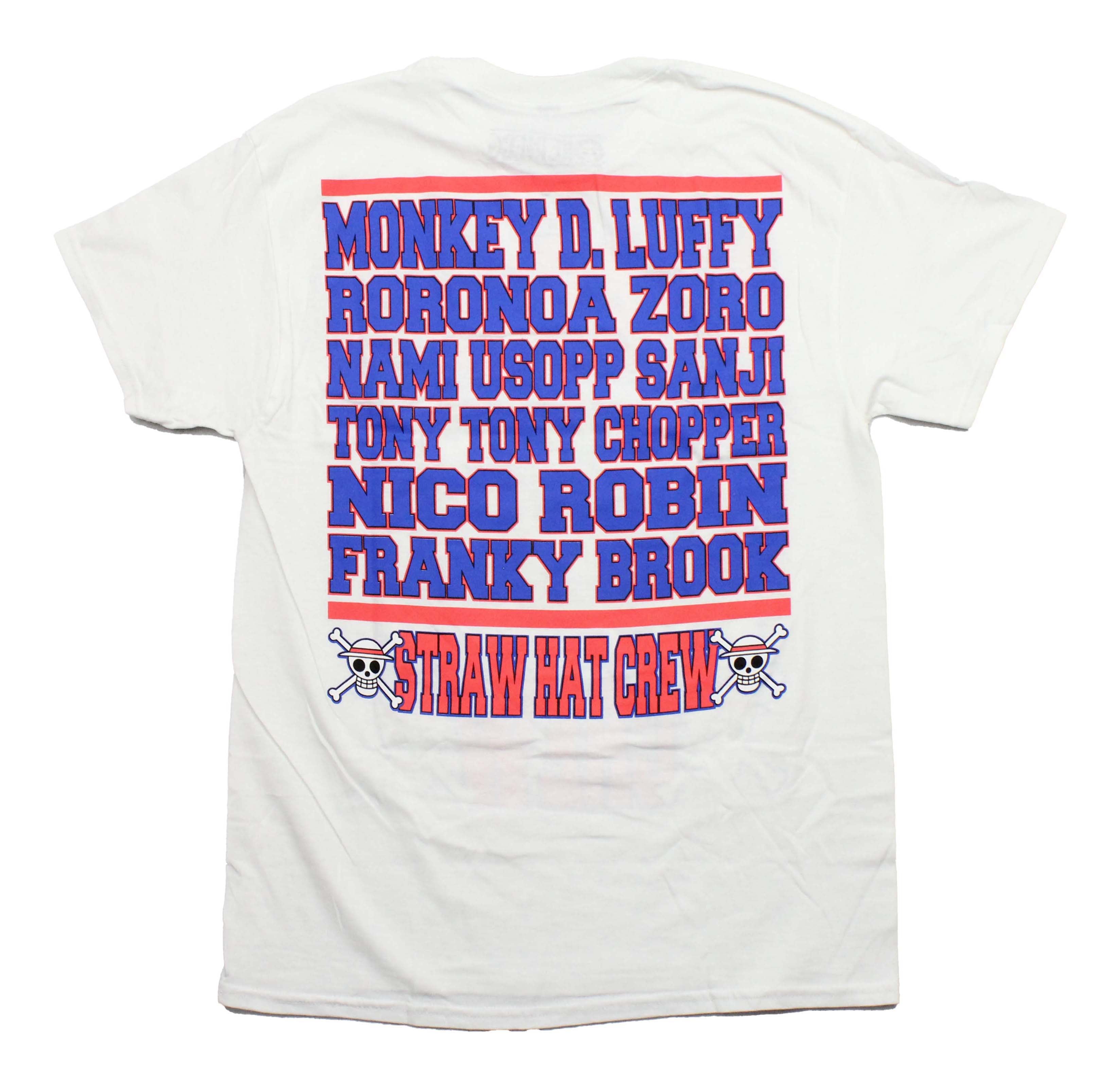 One Piece Mens T-Shirt - Straw Hat Crew Blue Outline Large Print Names Back