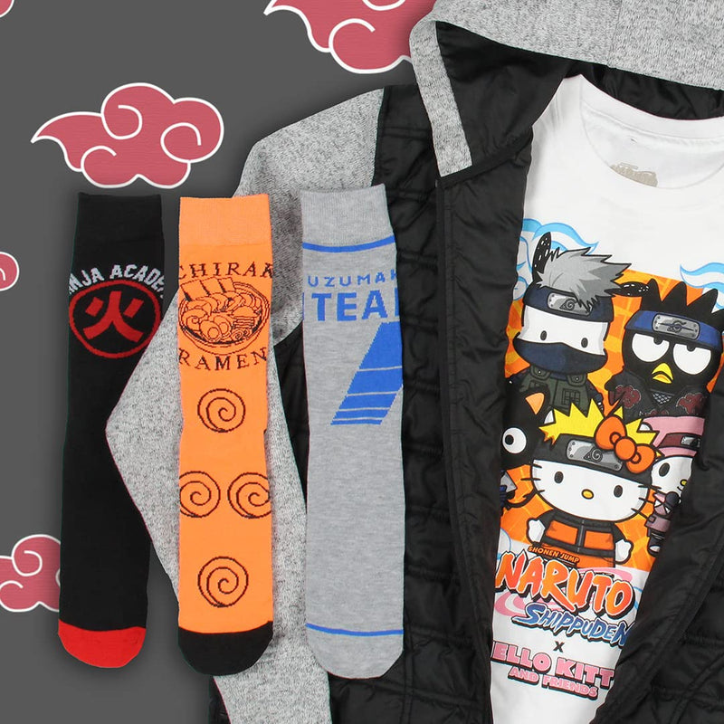 Bioworld Naruto Shippuden Men's Ichiraku Ramen Ninja Academy 3 Pair Crew Socks
