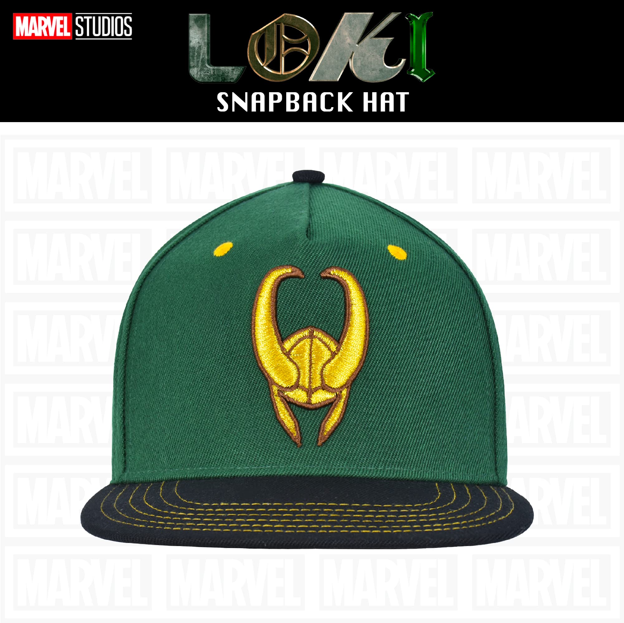 Marvel Loki Baseball Hat, Gold Embroidered Logo Adult Snapback Cap with Flat Brim, Green, One Size