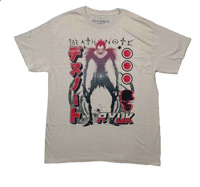 Death Note Mens T-Shirt - Ryuk Standing Tall Kanji Name & Trio of Apples