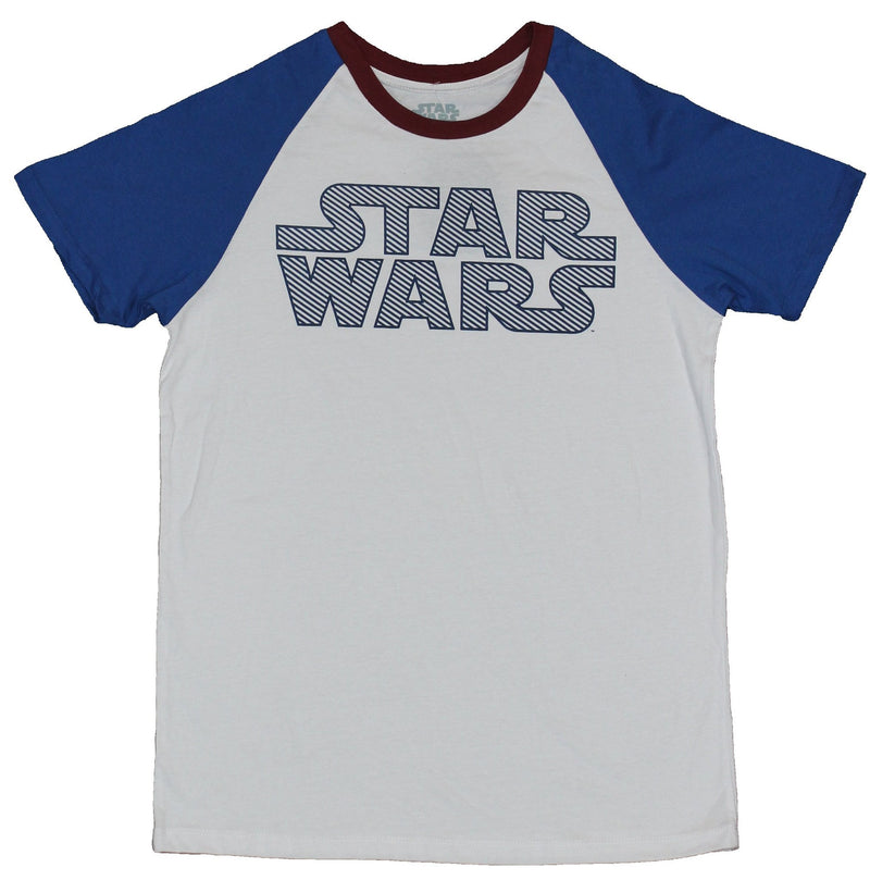 Star Wars Mens T-Shirt - Simple Word Logo With Blue Sleeves