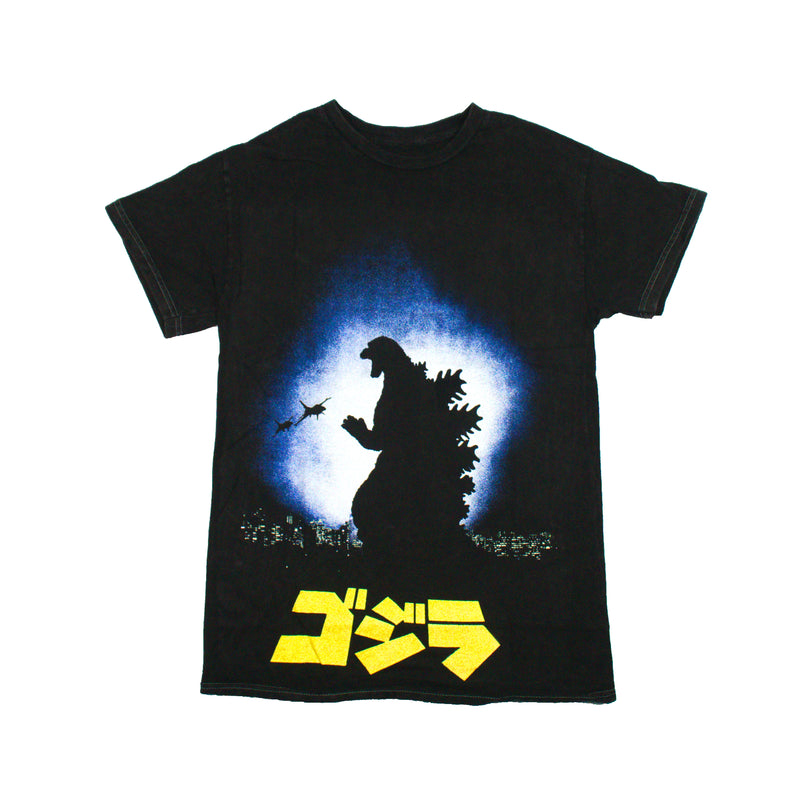 Godzilla Mens T-Shirt -Silhouette Standing in Front of City Yellow Kanji