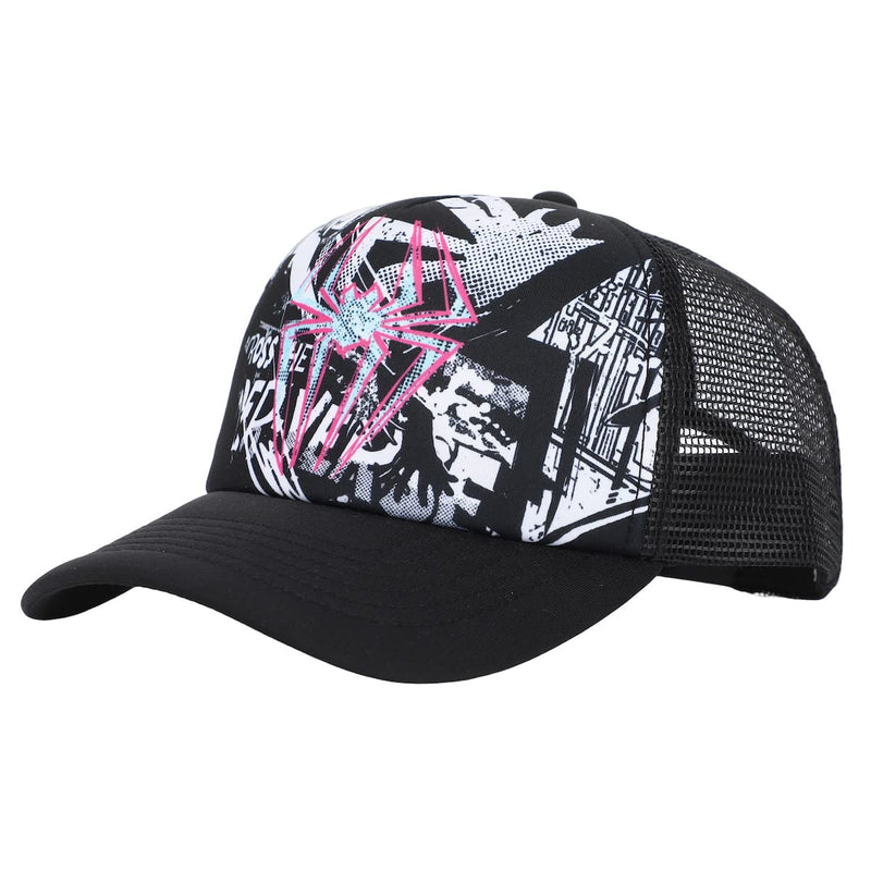 Bioworld Spider-Gwen Pink Spidey Logo with Black-and-White Background Black Foam Trucker Hat - Inmyparentsbasement.com