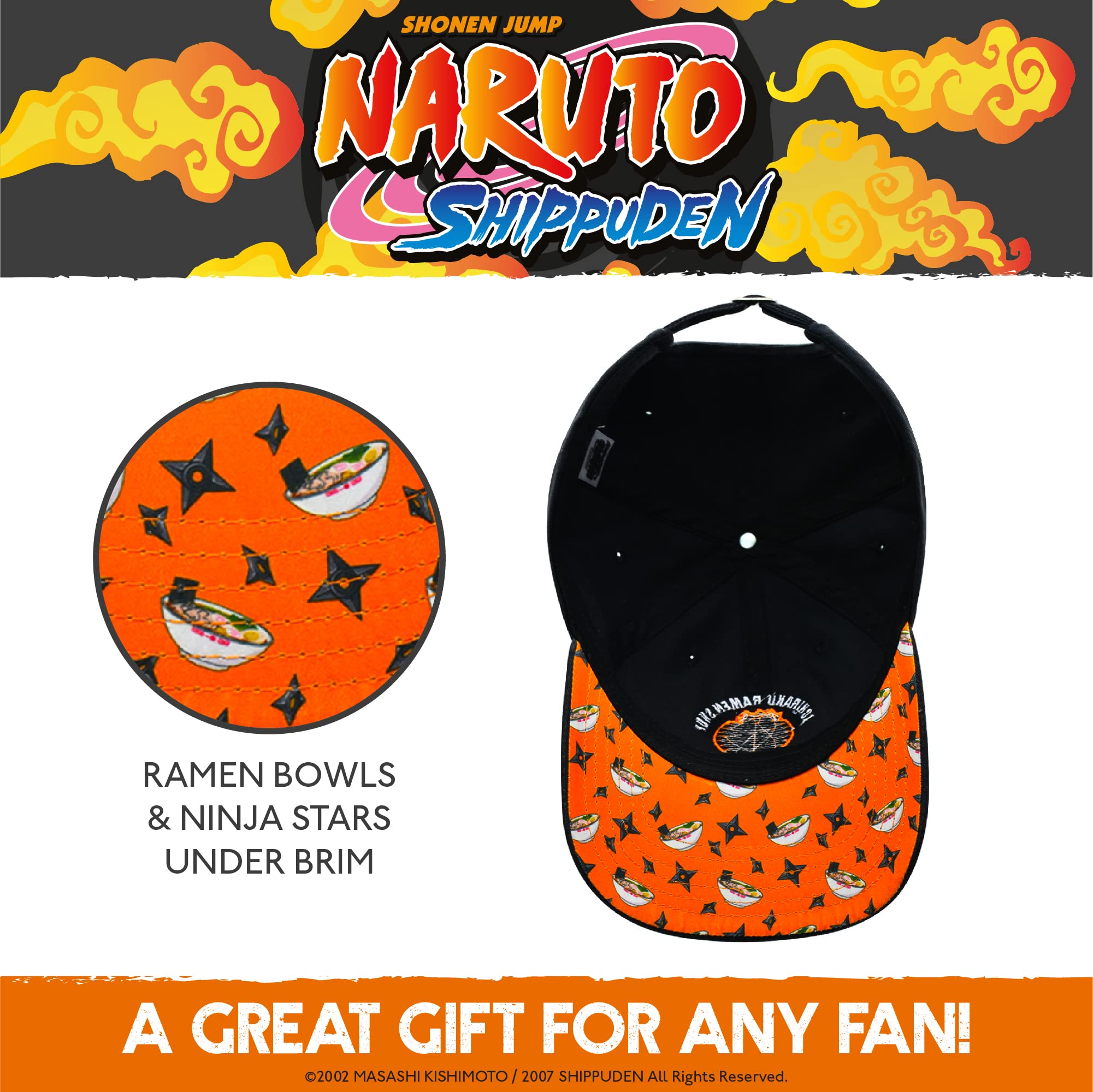 Naruto Dad Hat, Ichiraku Ramen Adult Baseball Cap with Flat Brim, Black, One Size