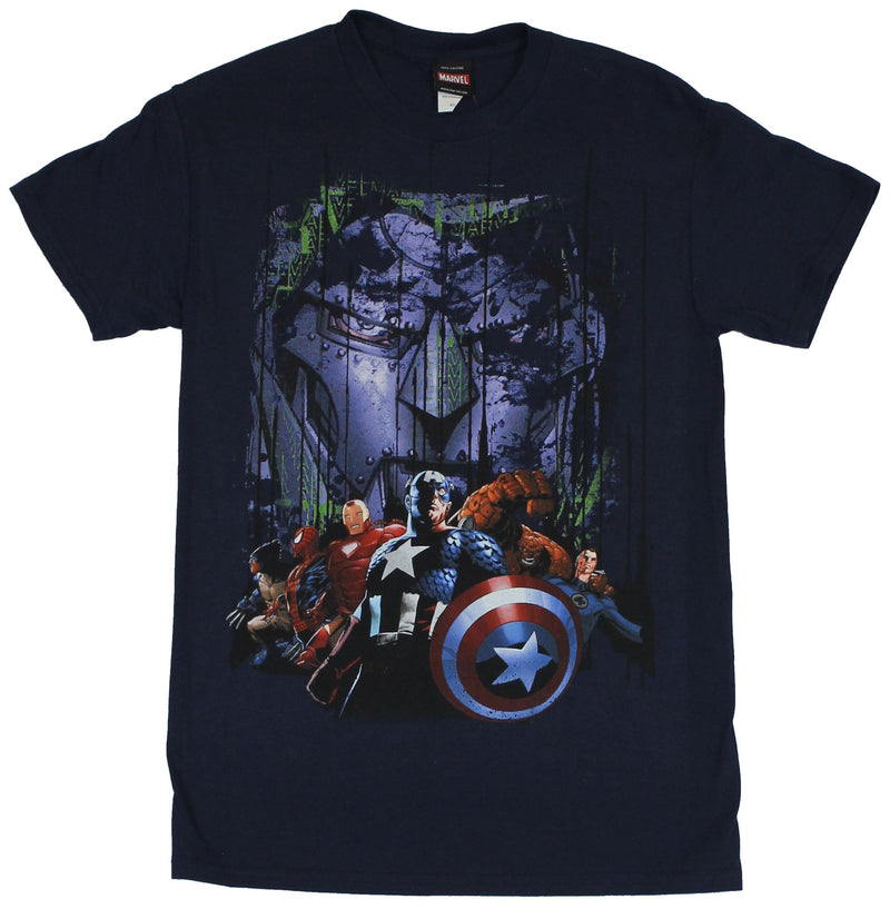 Marvel Comics Mens T-Shirt - Cap Fantastic Four & Spidey Under a Giant Doom Face