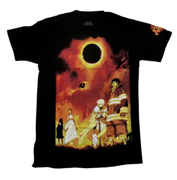 Fire Force Mens T-Shirt - Cast Standing In Large Fire Backdrop