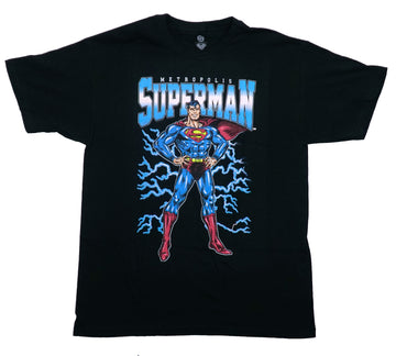 Superman Mens T-Shirt - Metropolis Posing In Lightning