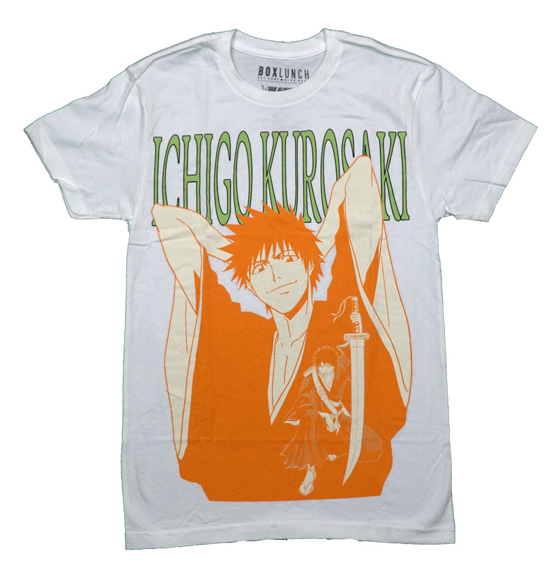 Bleach  Mens T-Shirt - Ichigo Kurosaki Orange Kneeling w/ Sword & Stretch